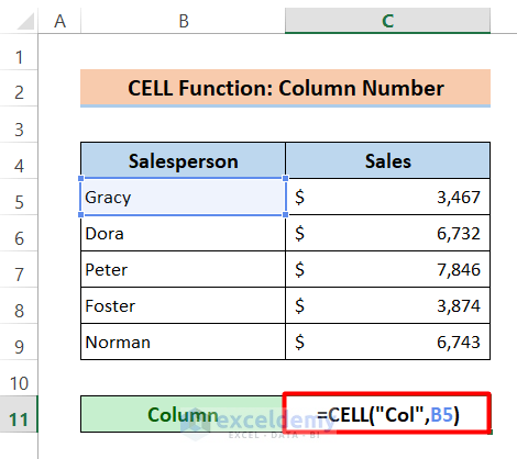 Return Column Number with Excel CELL Function