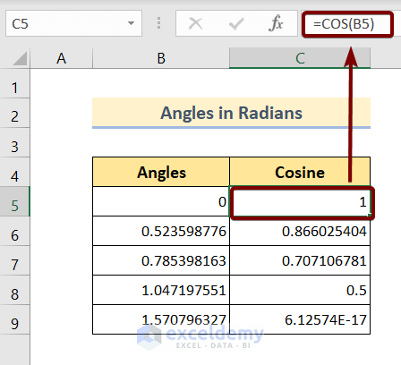 Use COS Function in Excel for Angles in Radians
