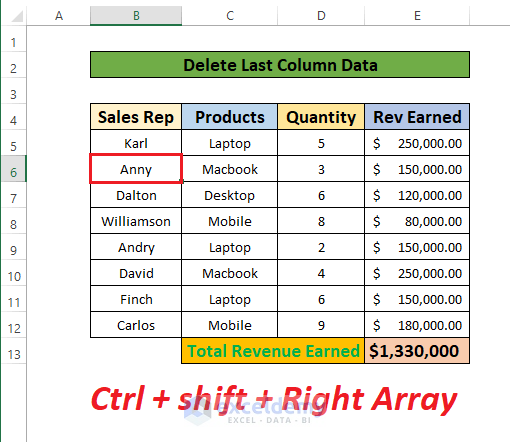 Delete The Last Column Data to Shift Nonblank Cells in Excel