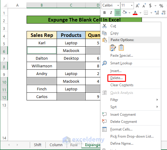 Expunge The Blank Cell to Shift Nonblank Cells in Excel