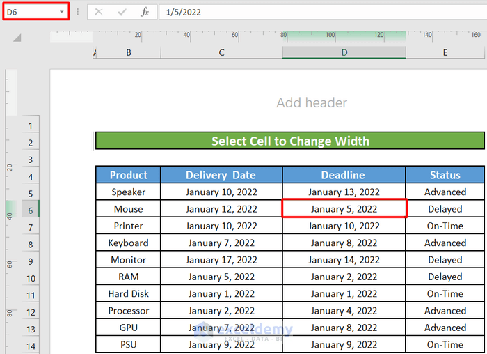 Select Cell to Change Width