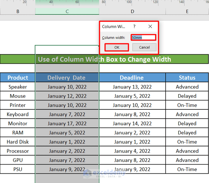 Excel Column Width in mm