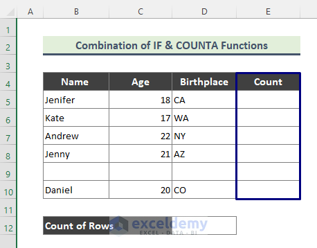 Apply Excel IF and COUNTA Functions Formula to Count Rows