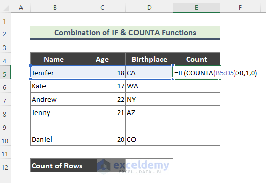 Apply Excel IF and COUNTA Functions Formula to Count Rows