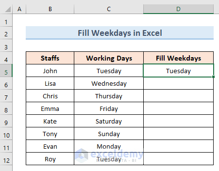 Fill Weekdays in Excel