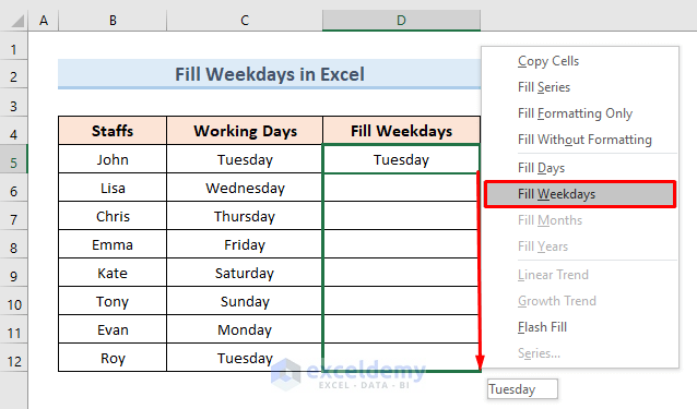 Fill Weekdays in Excel