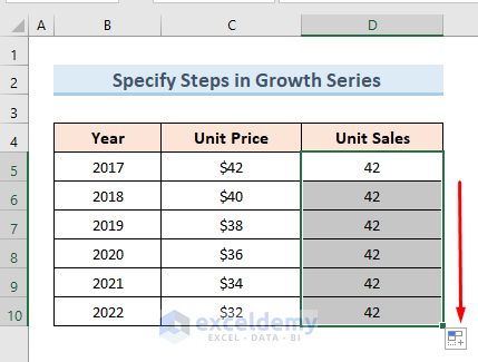 Specify the Step Value After Inserting First Number in Growth Series