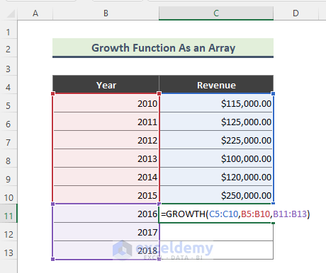 Apply GROWTH Function As an Array in Excel
