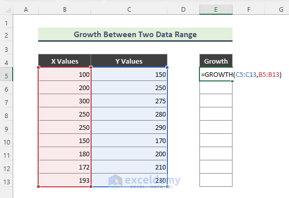 Calculate Growth Between Two Data Range Using Excel GROWTH Function