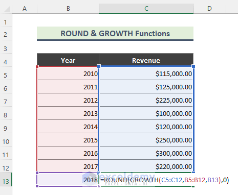 Combination of Excel ROUND and GROWTH Functions