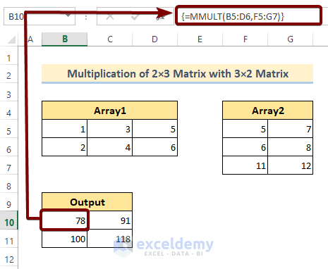 Product of a 2x3 Matrix with a 3x2 Matrix Using the MMULT Function in Excel