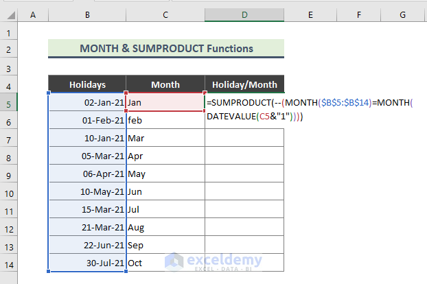 Use MONTH Function with SUMPRODUCT Function