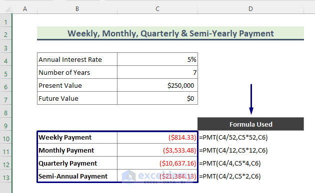 Apply Excel PMT Function to Get Weekly, Monthly, Quarterly, and Semi-Annual Payments