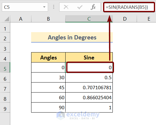 Use SIN Function in Excel for Angles in Degrees