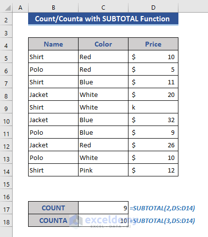 Count Operation in Excel by SUBTOTAL