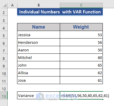 Find Out Variance of Individual Numbers Using VAR Function