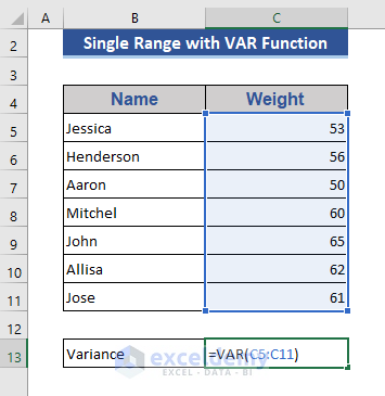 Get Variance of a Single Range Using VAR Function