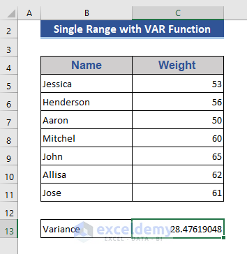 Get Variance of a Single Range Using VAR Function