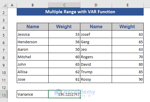 Apply Excel VAR Function with Multiple Ranges