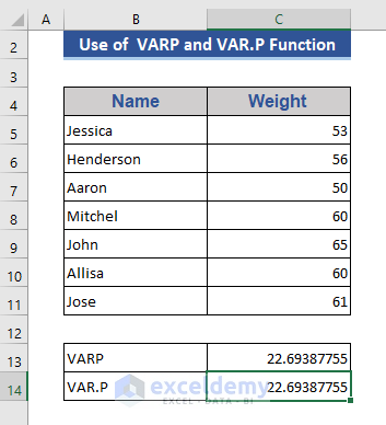 Use of VARP and VAR.P to Calculate Population Variance