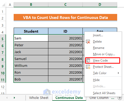 Embed VBA Code to Count Rows with Data for a Range Contains Continuous Data
