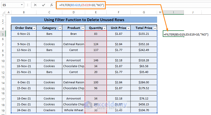 FILTER function-Delete Unused Rows in Excel