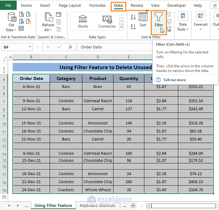 Filter feature-Delete Unused Rows in Excel