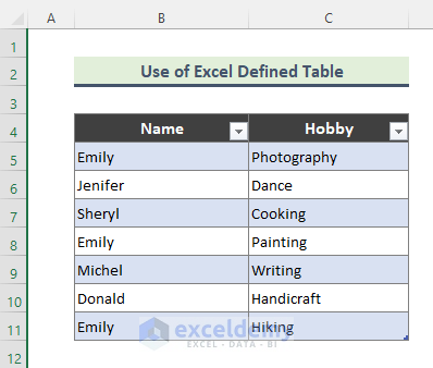 Return Multiple Values by Using Excel Defined Table
