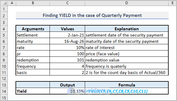 Finding YIELD in the case of Quarterly Payment
