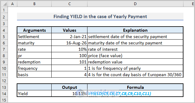 Finding YIELD in the case of Yearly Payment