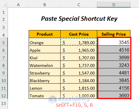 paste special shortcut key