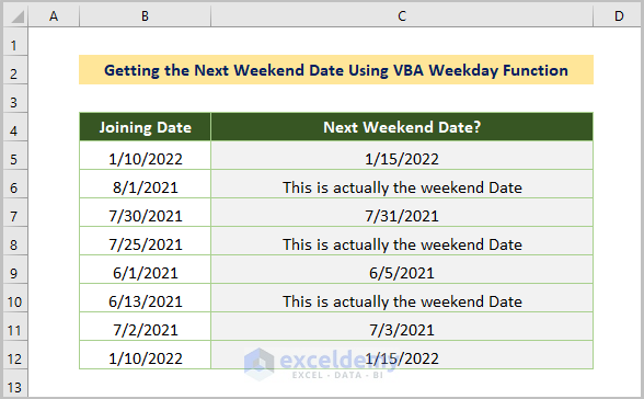 Getting the Next Weekend Date Using VBA WeekDay Function