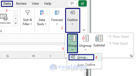 Select Range of Cells to Group Columns in Excel