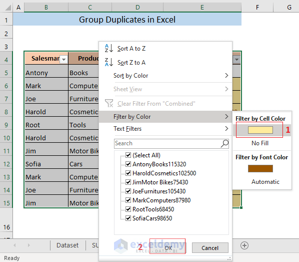 group duplicates in Excel
