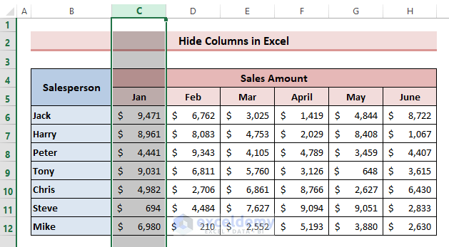 Hide Multiple Columns with Excel Hide Command