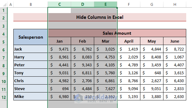 Hide Single or Multiple Columns with Group Command from the Data Tab