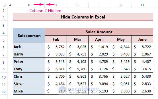 Hide Columns Using the Excel Name Box