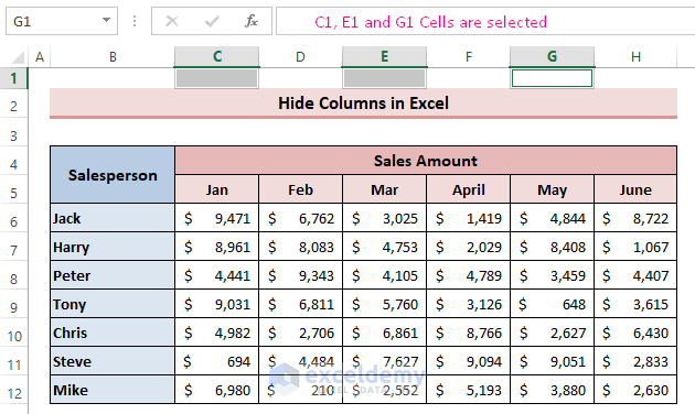 Hide Columns Using the Excel Name Box