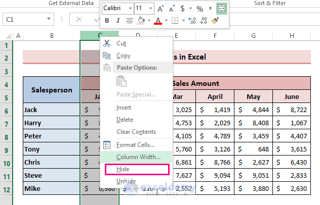 Hide Single Column with Excel Hide Command