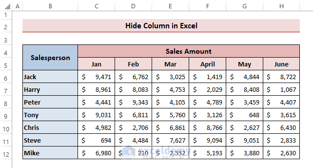 4  Simple Methods to Hide Columns in Excel (Sample Dataset)
