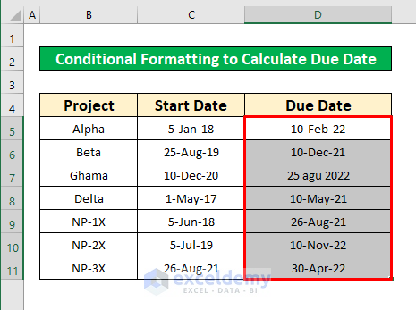 3. UsConditional Formatting to Calculate Due Date in Excel