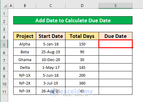 Add Date to Calculate Due Date Formula in Excel
