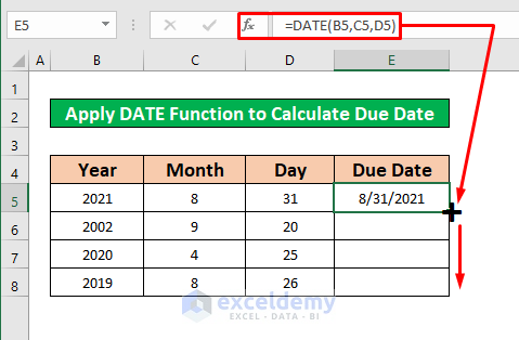 Apply DATE Function to Calculate Due Date in Excel