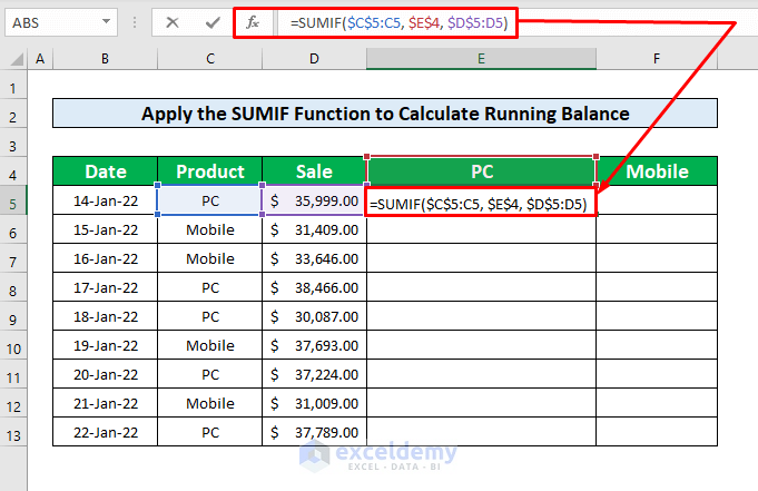 Apply the SUMIF Function to Calculate Running Balance in Excel