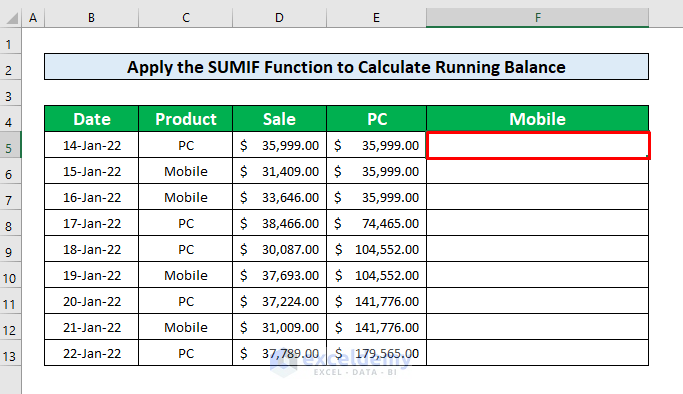 Apply the SUMIF Function to Calculate Running Balance in Excel