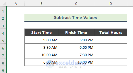 Subtract Time Values to Calculate Total Hours