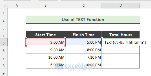 Use TEXT Function to Determine Total Hours in Excel