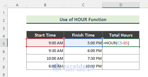 Excel HOUR Function to Get Total Hours