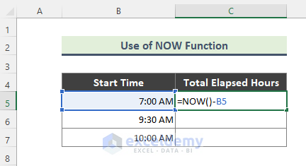 Excel NOW Function to Get Total Elapsed Hours (Certain Time to Till Now)