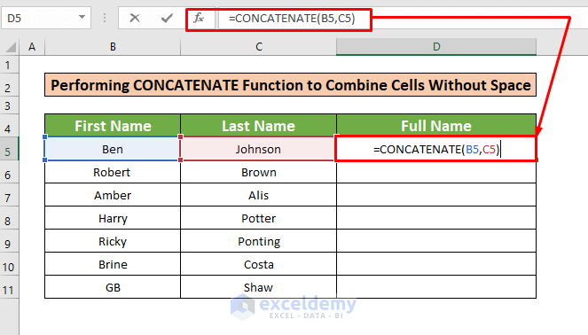 Perform the CONCATENATE Function to Combine Cells Without Space